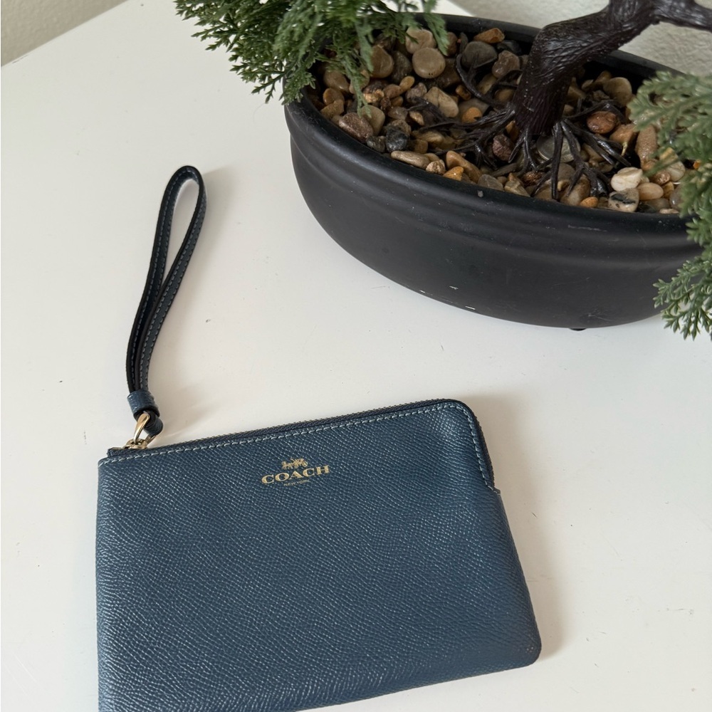 Coach Blue  Leather Wristlet with Gold Accents - Picture 2 of 5